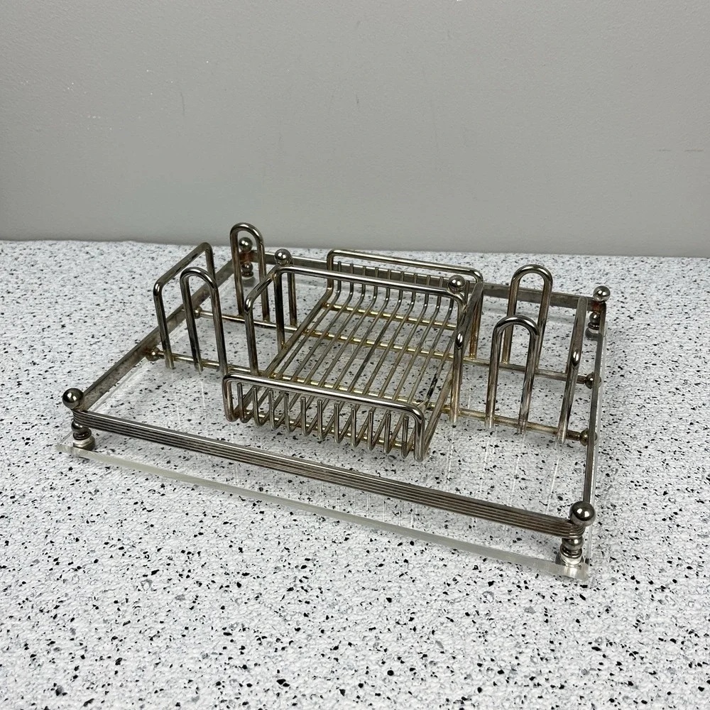 Vintage Acrylic & Chrome Tray Letter Holder Desk Organizer Vanity‎ Tray